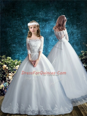 Off The Shoulder Half Sleeves Flower Girl Dresses for Less Brush Train Lace White Tulle