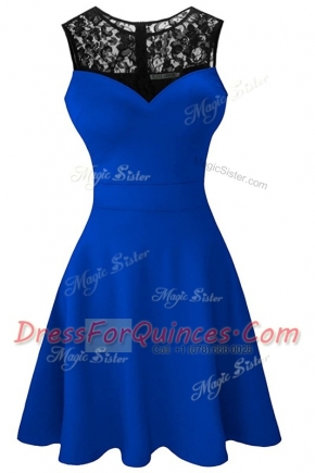 Scoop Sleeveless Satin Tea Length Zipper in Royal Blue with Lace