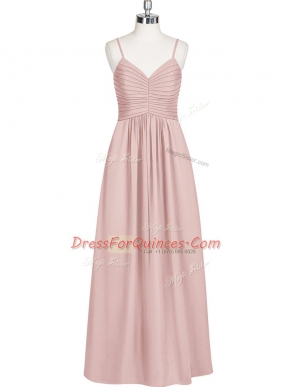 Glamorous Floor Length Baby Pink Homecoming Dress Chiffon Sleeveless Ruching