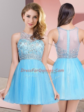 Sleeveless Tulle Mini Length Zipper Prom Party Dress in Baby Blue with Beading