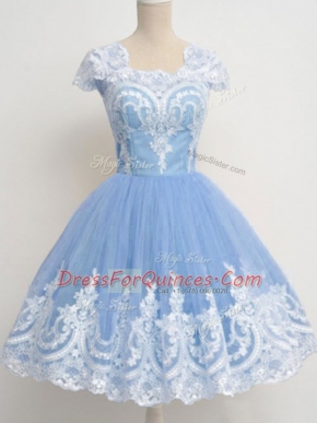 Light Blue Zipper Square Lace Dama Dress for Quinceanera Tulle Cap Sleeves