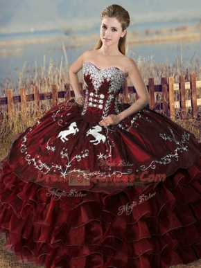 Chic Burgundy Satin and Organza Lace Up Sweetheart Sleeveless Floor Length Sweet 16 Dress Embroidery and Ruffles