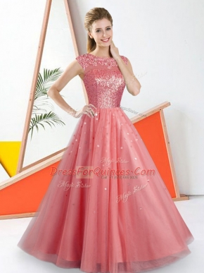 Fashionable Tulle Sleeveless Floor Length Dama Dress for Quinceanera and Beading and Lace