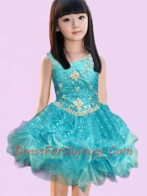 Beautiful Asymmetrical Mini-length Appliques Sequins Blue Little Girl Dress