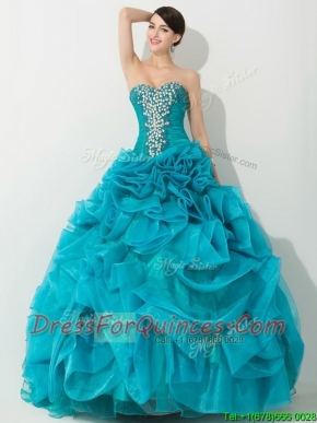 Classical Princess Teal Sweet 16 Dress with Beading and Rolling Flowers