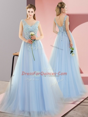 Blue Tulle Lace Up Homecoming Dress Sleeveless Sweep Train Beading