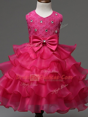 High Quality Sleeveless Lace and Ruffled Layers and Bowknot Zipper Little Girls Pageant Gowns