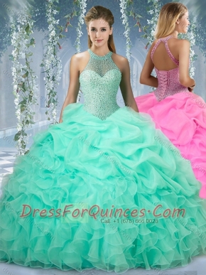 Beautiful Halter Top Beaded and Ruffled Sweet 16 Gown in Mint