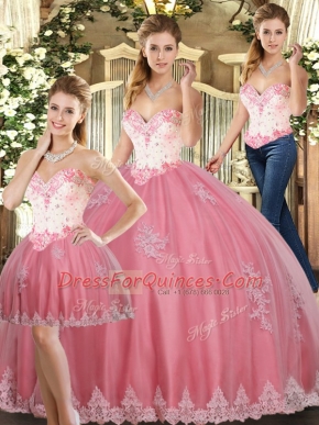 Top Selling Floor Length Watermelon Red Sweet 16 Quinceanera Dress Tulle Sleeveless Beading and Appliques