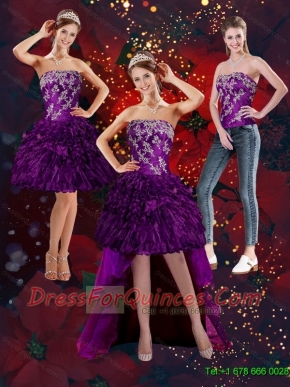 2015 Detachable Purple Strapless Prom Dresses with Embroidery and Ruffles
