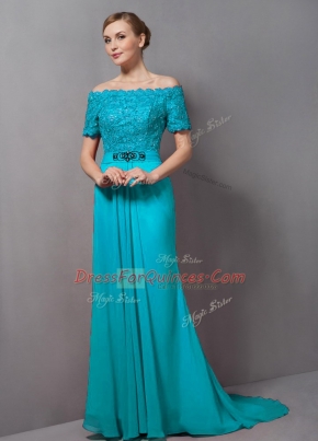 Discount Empire Short Sleeves Aqua Blue Dress for Prom Sweep Train Zipper