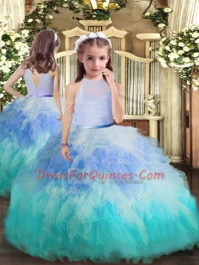Elegant Tulle High-neck Sleeveless Backless Beading and Ruffles Pageant Dress Womens in Multi-color