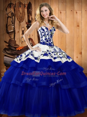 Popular Royal Blue 15 Quinceanera Dress Military Ball and Sweet 16 and Quinceanera with Embroidery Sweetheart Sleeveless Sweep Train Lace Up