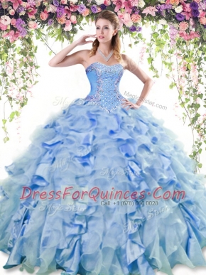 Designer Blue Organza and Taffeta Lace Up Quinceanera Gowns Sleeveless Floor Length Beading and Ruffles