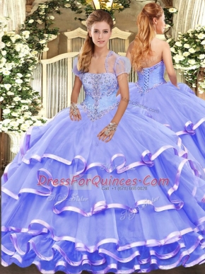 Lavender Strapless Lace Up Appliques and Ruffled Layers Sweet 16 Dresses Sleeveless