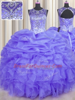 Delicate See Through Lavender Lace Up Quince Ball Gowns Beading and Ruffles and Pick Ups Sleeveless Floor Length