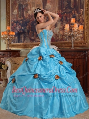 Teal Ball Gown Strapless Floor-length Taffeta Beading and 3D Flower Quinceanera Dress