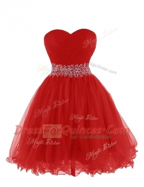 Red Empire Organza Sweetheart Sleeveless Belt Mini Length Lace Up Dress for Prom