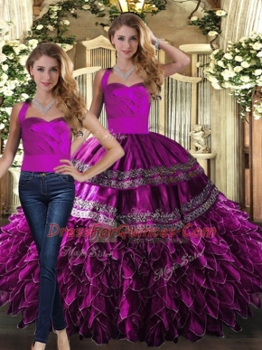 Trendy Halter Top Sleeveless Quinceanera Dress Floor Length Embroidery and Ruffles Fuchsia Organza