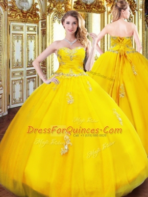 Gold Quinceanera Gown Military Ball and Sweet 16 and Quinceanera with Beading and Appliques Sweetheart Sleeveless Lace Up