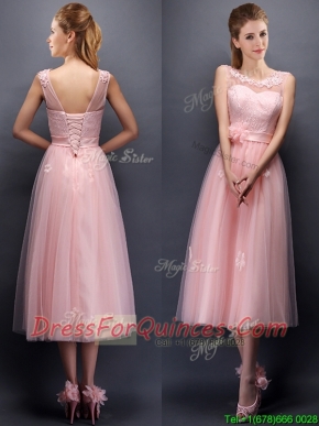 Lovely Hand Made Flowers and Applique Scoop Dama Dresses in Baby Pink