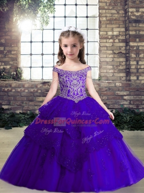 Ball Gowns Glitz Pageant Dress Purple Off The Shoulder Tulle Sleeveless Floor Length Lace Up