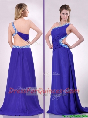 Beautiful Brush Train One Shoulder Dama Dress with Criss Cross