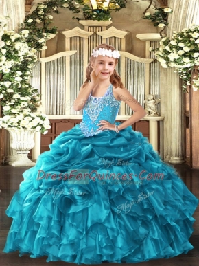 Enchanting Sleeveless Floor Length Beading and Ruffles and Pick Ups Lace Up Pageant Dresses with Teal