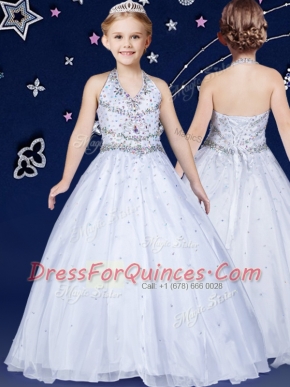 Stunning Ball Gowns Flower Girl Dresses White Halter Top Organza Sleeveless Floor Length Lace Up