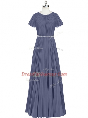 Sophisticated Floor Length Zipper Dress for Prom Blue for Prom and Party and Military Ball with Beading and Pleated