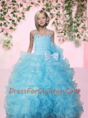 Custom Made Aqua Blue Straps Little Girl Pageant Dresses With Beading