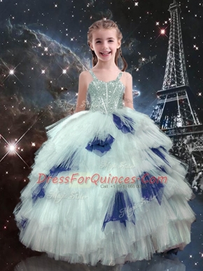 Straps Sleeveless Tulle Pageant Gowns For Girls Beading and Ruffled Layers Lace Up