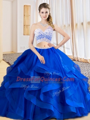 Stylish Royal Blue Ball Gown Prom Dress Military Ball and Sweet 16 and Quinceanera with Beading and Ruffles One Shoulder Sleeveless Criss Cross