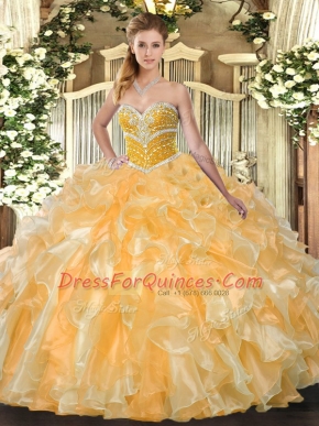 Orange Sweetheart Lace Up Beading and Ruffles 15 Quinceanera Dress Sleeveless