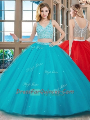 With Train Two Pieces Sleeveless Aqua Blue Quinceanera Gown Brush Train Zipper