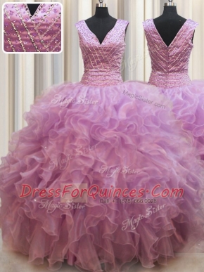Sexy Lilac V-neck Lace Up Beading Quinceanera Gowns Sleeveless