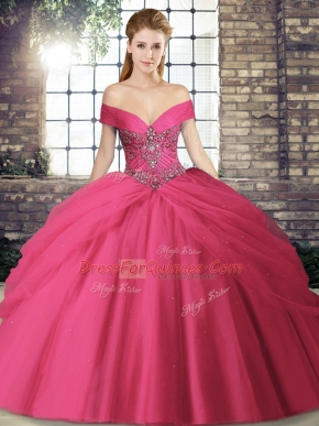 Hot Sale Hot Pink Off The Shoulder Neckline Beading and Pick Ups Quinceanera Dress Sleeveless Lace Up