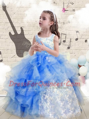 Baby Blue Ball Gowns Scoop Sleeveless Organza Floor Length Lace Up Beading and Ruffles Girls Pageant Dresses