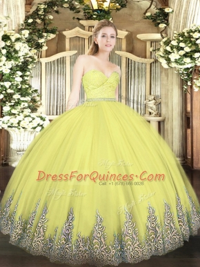 Yellow Sleeveless Beading and Lace and Appliques Floor Length Sweet 16 Quinceanera Dress
