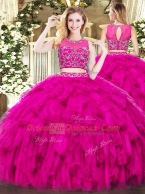 Lovely Scoop Sleeveless Quince Ball Gowns Floor Length Beading and Ruffles Fuchsia Tulle