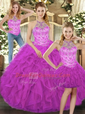 Gorgeous Three Pieces Quinceanera Gown Fuchsia Halter Top Tulle Sleeveless Floor Length Lace Up
