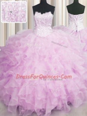 Visible Boning Pink Ball Gowns Organza Scalloped Sleeveless Beading and Ruffles Floor Length Lace Up Quinceanera Dresses