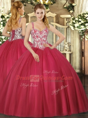 Fantastic Coral Red Straps Lace Up Beading and Appliques Quinceanera Gowns Sleeveless
