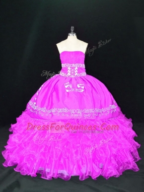 Elegant Fuchsia Organza Lace Up Strapless Sleeveless Floor Length Quinceanera Gowns Embroidery and Ruffles