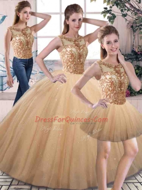 Floor Length Ball Gowns Sleeveless Gold Quince Ball Gowns Lace Up