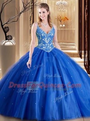 Shining Blue Ball Gowns Spaghetti Straps Sleeveless Tulle Floor Length Lace Up Beading and Appliques Quinceanera Gown