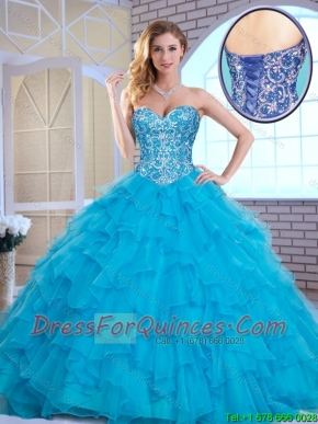 Exquisite Aqua Blue Sweet 16 Gowns with Beading and Ruffles
