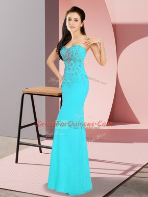 Aqua Blue Column/Sheath Beading Zipper Chiffon Sleeveless Floor Length