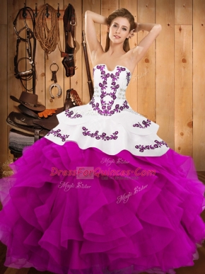 Strapless Sleeveless Satin and Organza Sweet 16 Dress Embroidery and Ruffles Lace Up