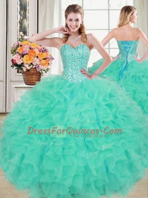 Turquoise Lace Up Quinceanera Gowns Beading and Ruffles Sleeveless Floor Length